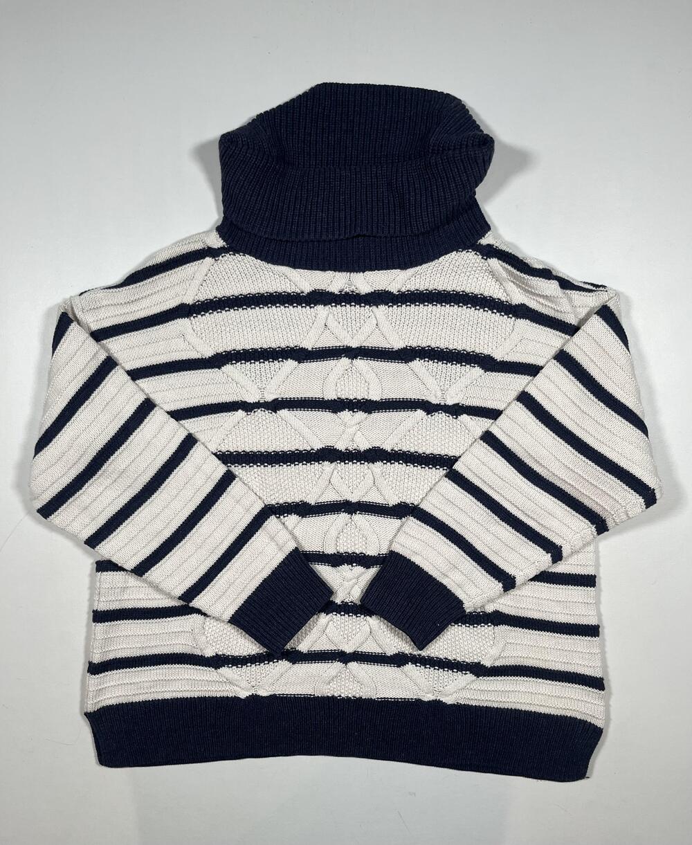 Chaps Sweater Womens XL White Navy Stripe Turtleneck Cable Knit Pullover